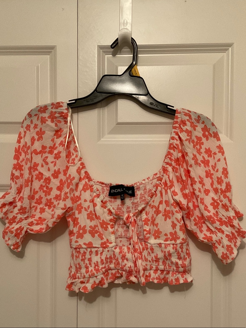 Kendall & Kylie Smocked Floral Puff Sleeve Crop Top